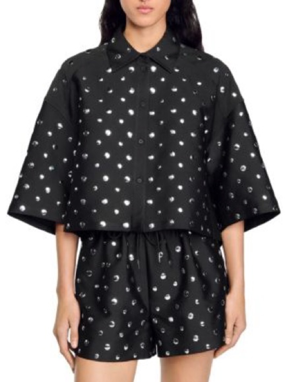 Sandro Black Crystal-Studded Cropped Jacket - Picture 6 of 6
